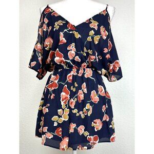 ASTR THE LABEL Womens MEDIUM Navy Floral Cold Shoulder S/S ROMPER Jumper EUC